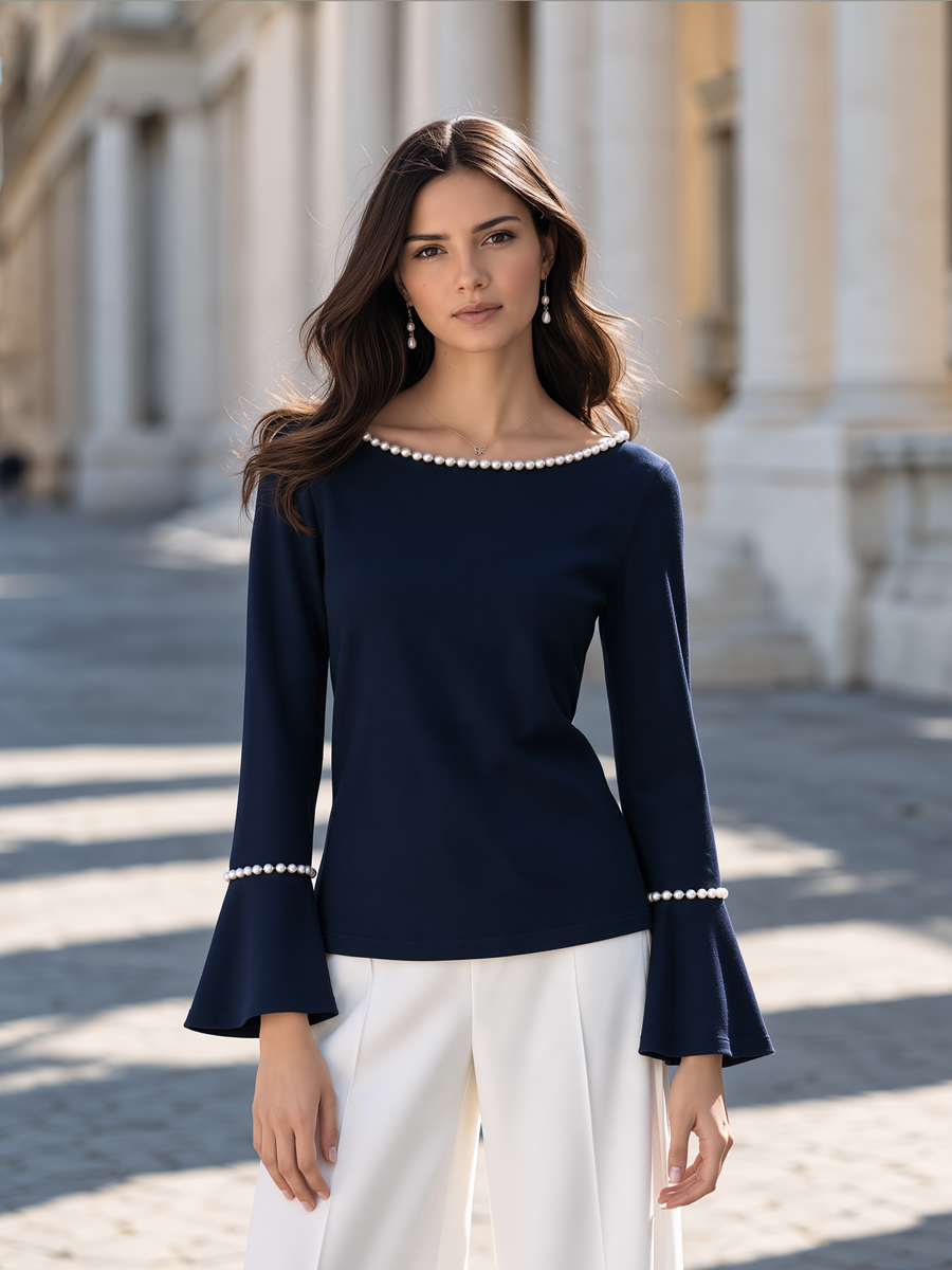 Elegant Pearl Embellished Boat Neck Bell Sleeve Top