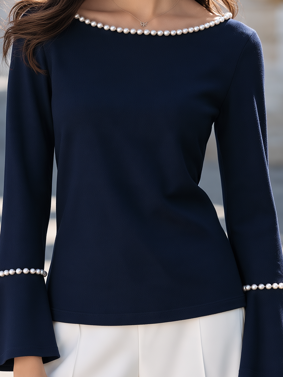 Elegant Pearl Embellished Boat Neck Bell Sleeve Top