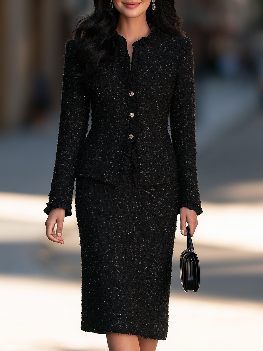 Ruffle Trim Jacket and Pencil Skirt Set with Jeweled Buttons