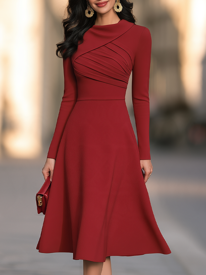 Asymmetric Folded Neck Midi Dress With Pleated Bodice And Flared Skirt