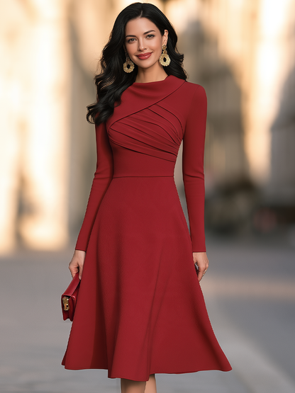 Asymmetric Folded Neck Midi Dress With Pleated Bodice And Flared Skirt