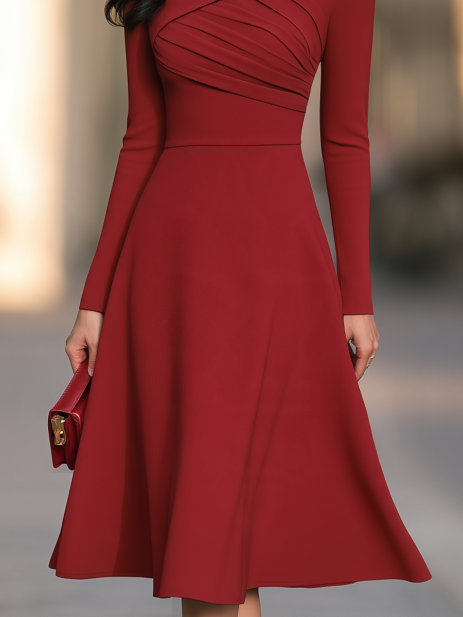 Asymmetric Folded Neck Midi Dress With Pleated Bodice And Flared Skirt