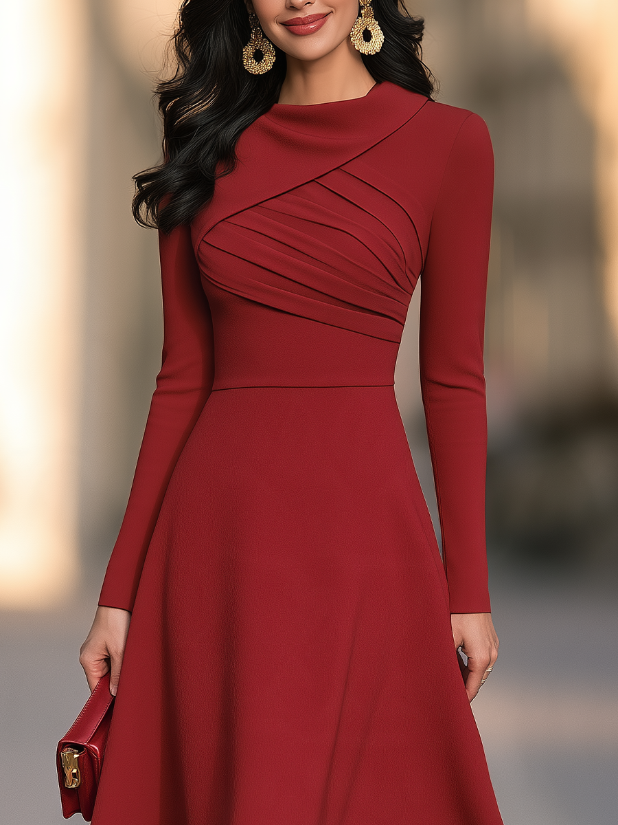Asymmetric Folded Neck Midi Dress With Pleated Bodice And Flared Skirt