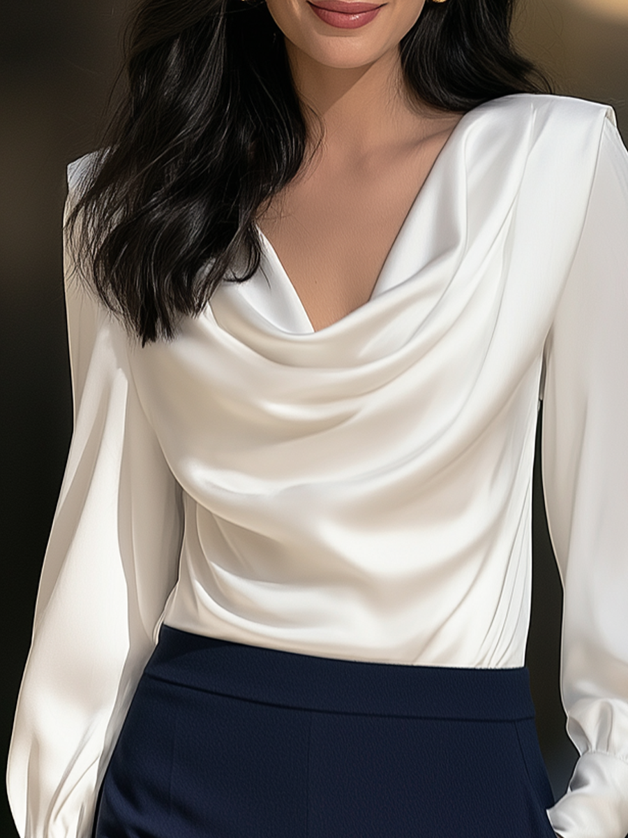 Cowl Neck Blouse With Bishop Sleeves And Button Cuffs