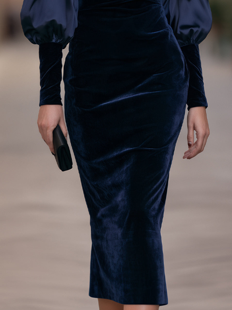 Velvet Boat-Neck Satin Bishop Sleeves Midi Sheath Dress