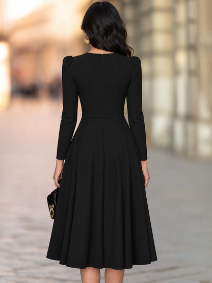 Asymmetric Draped Neck Midi Dress With Puff Shoulders And Flared Skirt