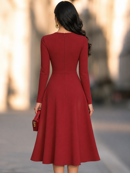 Asymmetric Folded Neck Midi Dress With Pleated Bodice And Flared Skirt
