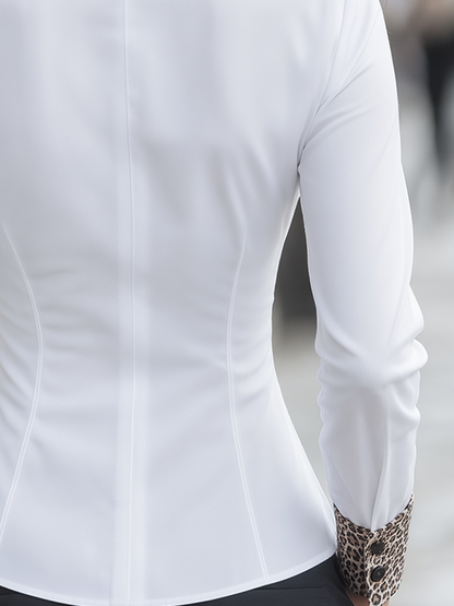 White Fitted Shirt With Leopard Contrast Trim