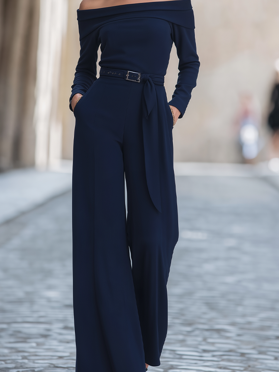 Navy Off-Shoulder Belted Wide-Leg Jumpsuit