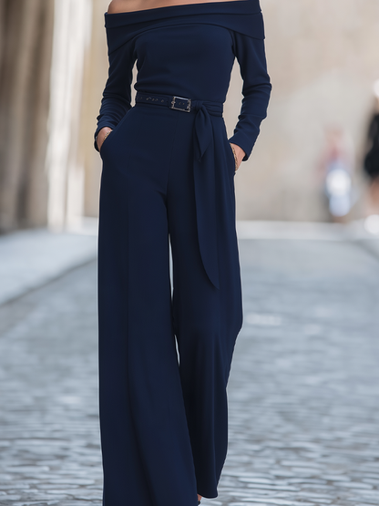 Navy Off-Shoulder Belted Wide-Leg Jumpsuit