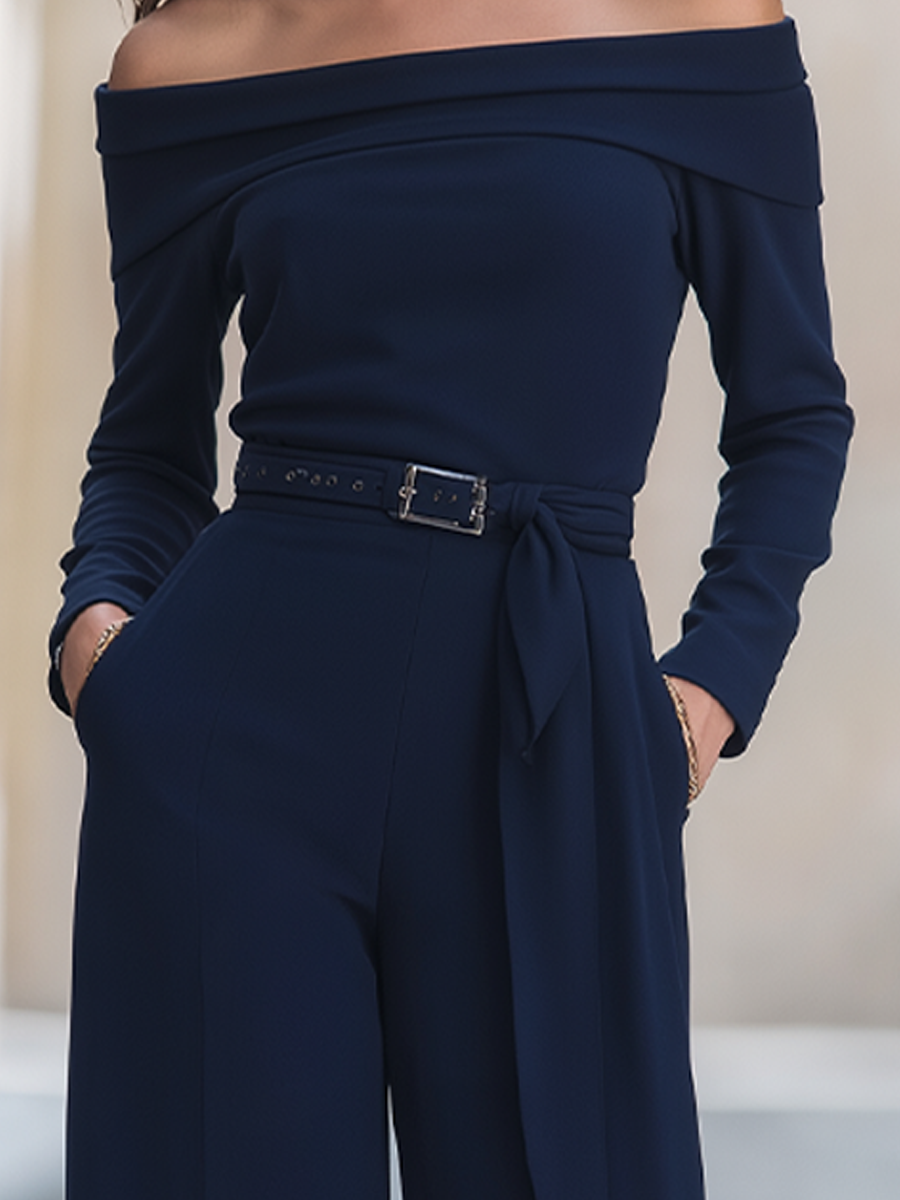 Navy Off-Shoulder Belted Wide-Leg Jumpsuit