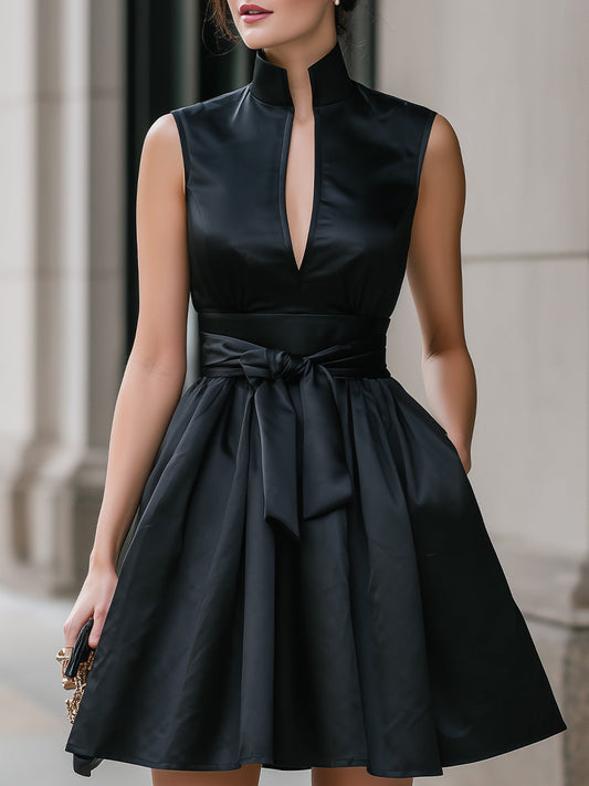 Black Satin Mandarin Collar Mini Dress With Bow Waist Detail