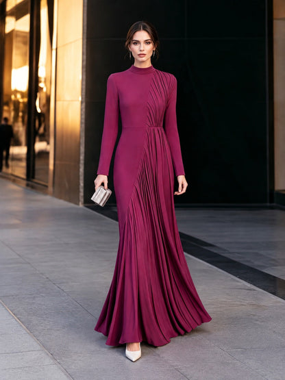 Asymmetric Pleated High-Neck Maxi Evening Dress