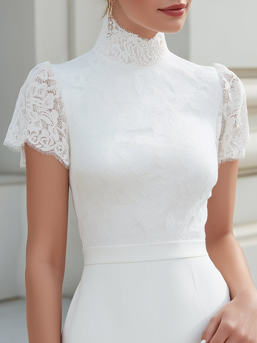Short Sleeves Lace High-Neck Fitted Sheath Dress