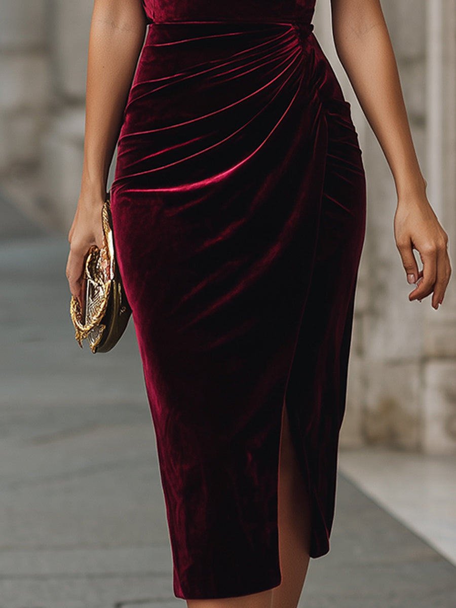 Ethereal Midnight Velvet Off-Shoulder Midi Dress