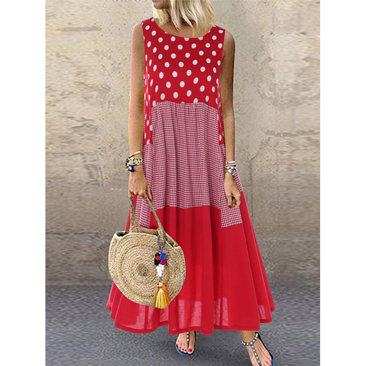 Plus Size Polka Dot Sleeveless Dress Mid-Length Cotton and Linen Waist Trimming Slimming Dress