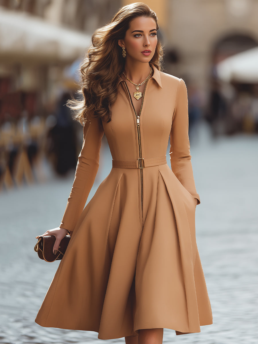 Elegant Zip-Up Fit And Flare Midi Dress