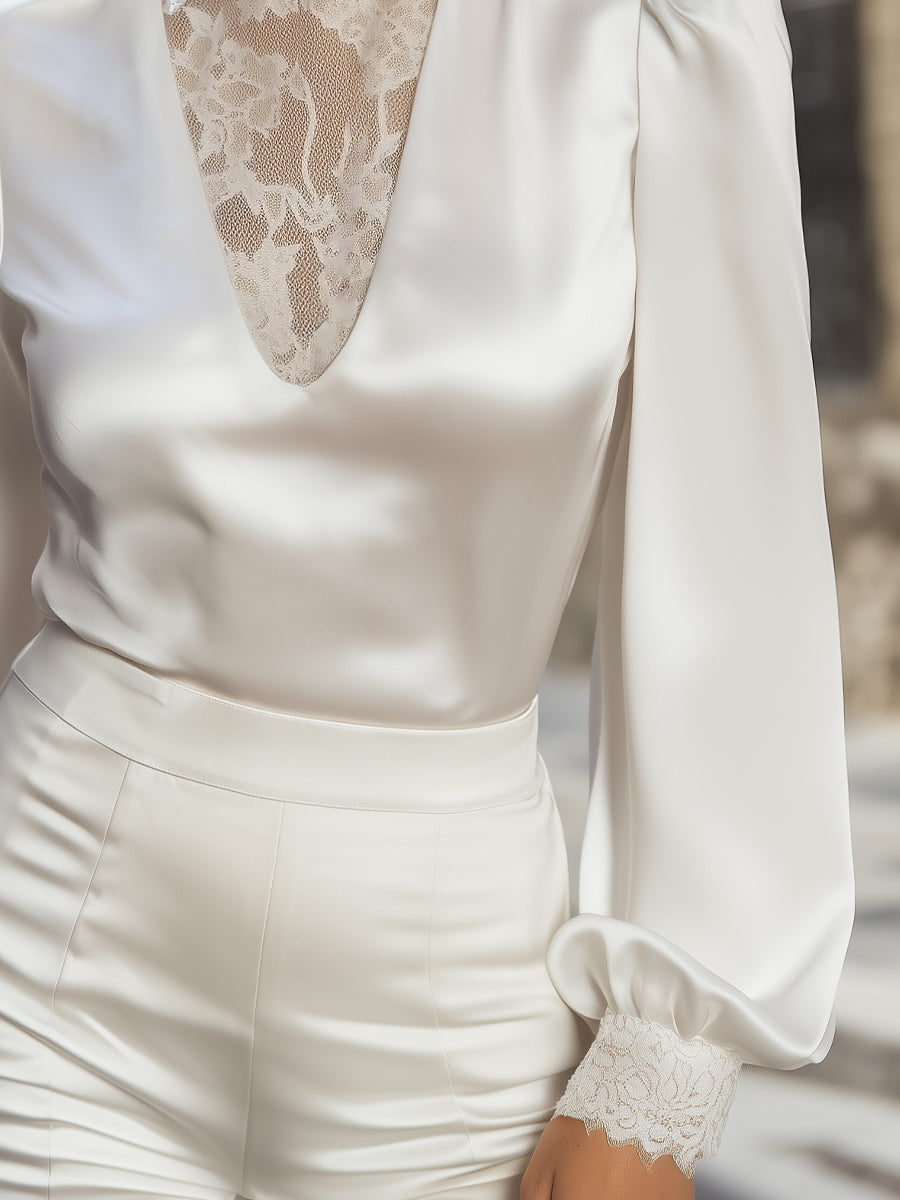 Lace-Detail High Neck Satin Blouse