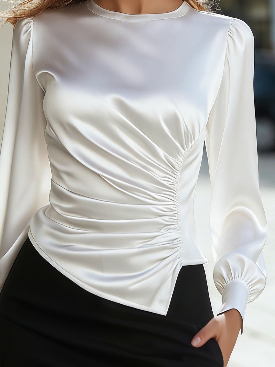 Ruched Waist Satin Long-Sleeve Blouse