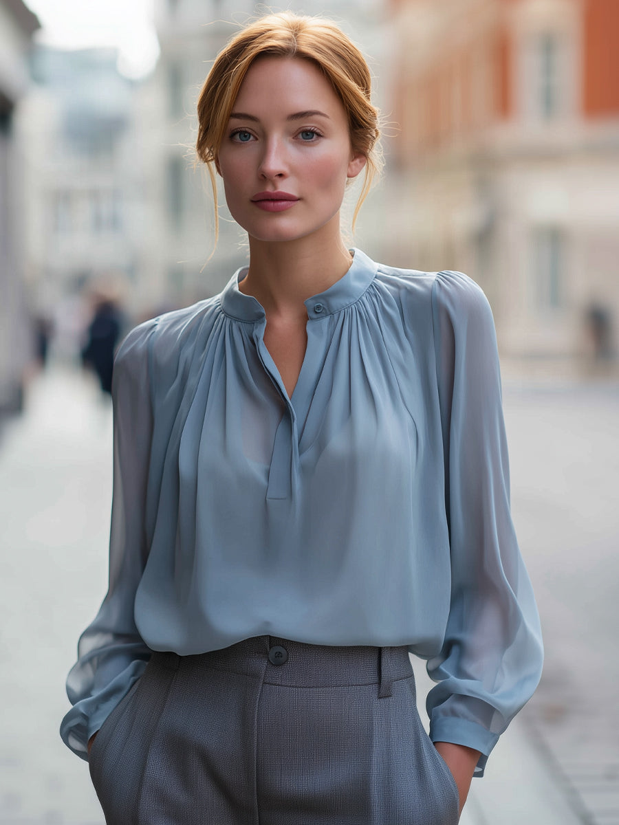 Dusty Blue Pleated Mandarin-Collar Chiffon Blouse