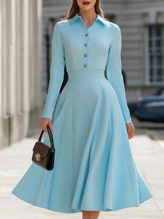 Sky Blue Shirt Collar Fit-and-Flare Dress