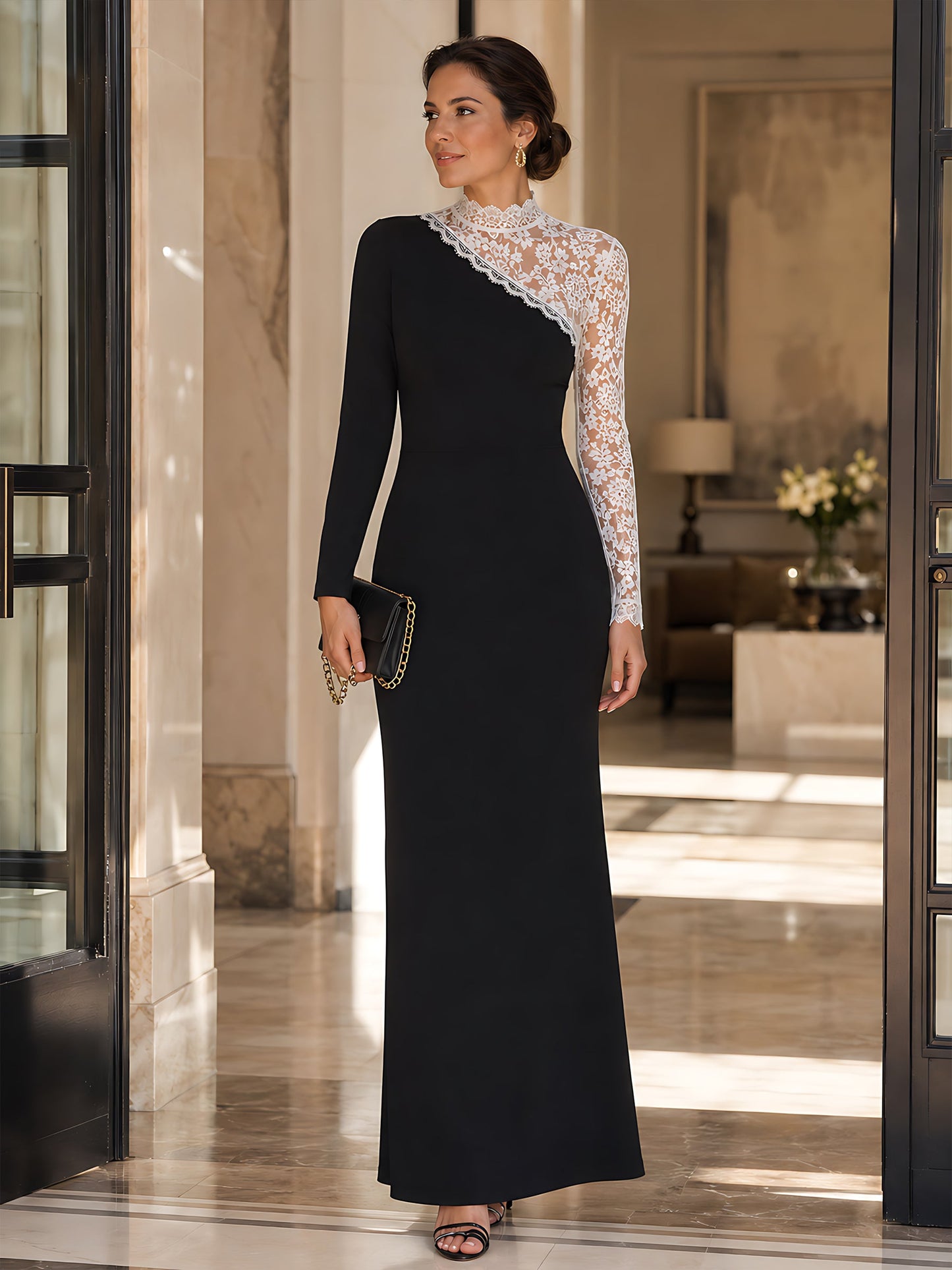 Asymmetric Lace-Spliced Maxi Dress
