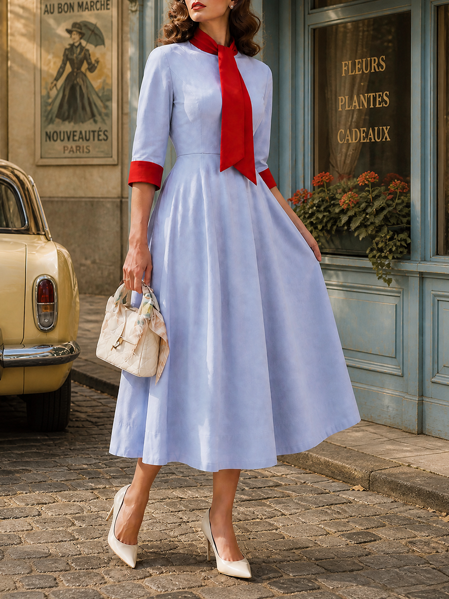 1950s Vintage Sky-Blue Contrast Red Tie-Neck Fit-and-Flare Midi Dress