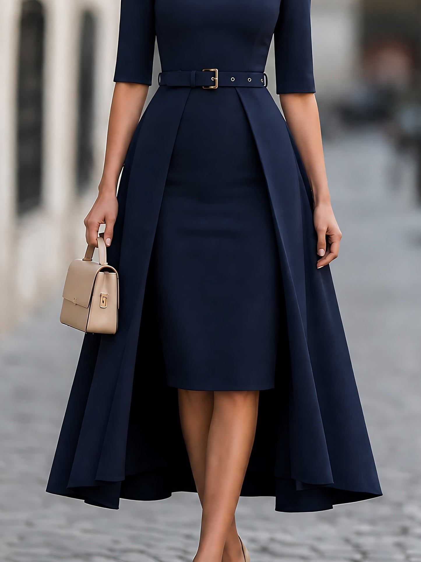 Belted Overlay Pencil Midi Dress