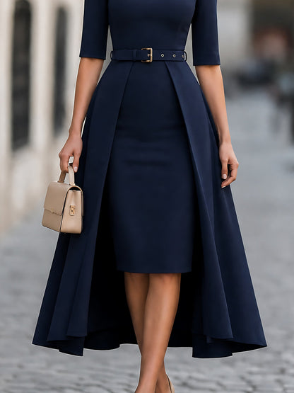 Belted Overlay Pencil Midi Dress