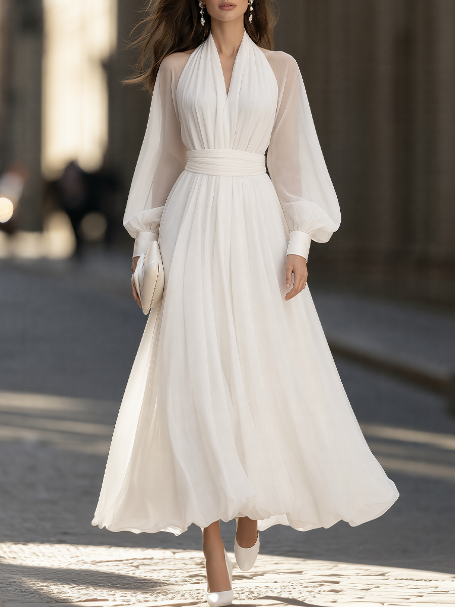 Halter-Neck Balloon-Sleeve Maxi Dress With Ruched Waist