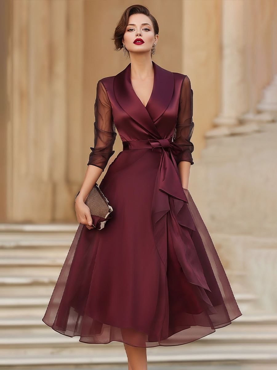Burgundy Wrap Midi Dress for Wedding Guest – Sheer Sleeve Formal Dress