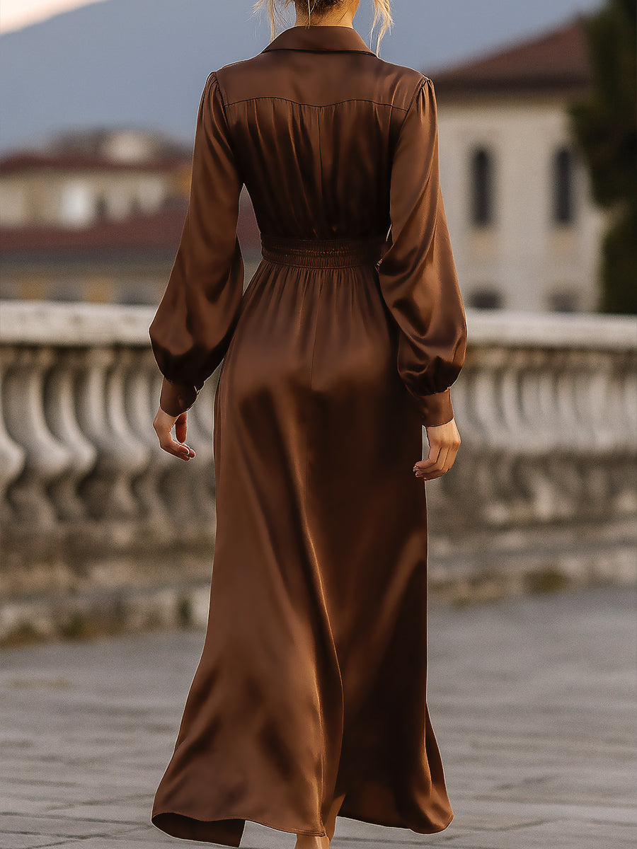 KSXTXX Satin Cinched Waist Maxi Dress In Mocha Brown