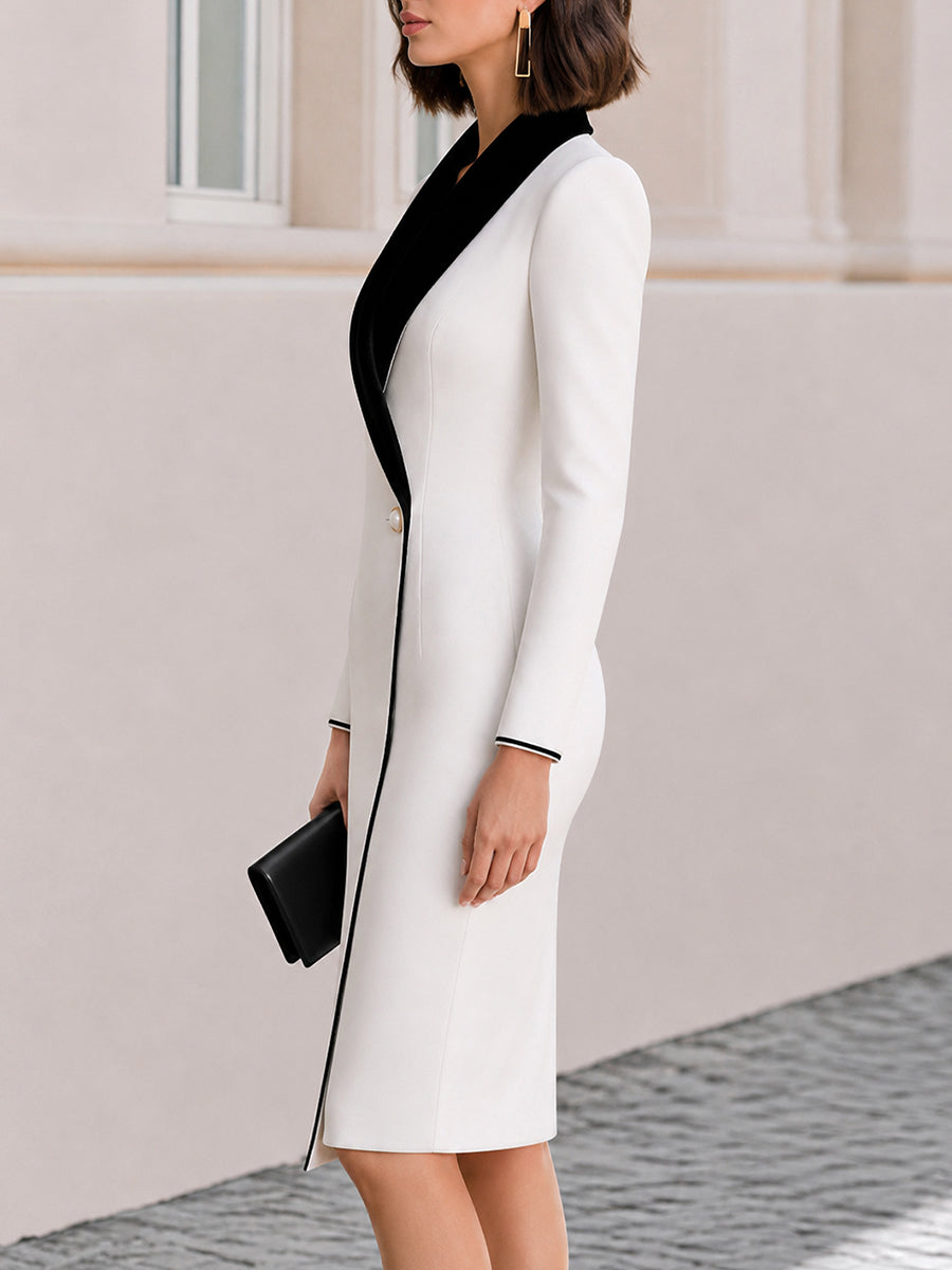 Elegant Long Sleeve Contrast Collar Bodycon Blazer Dress