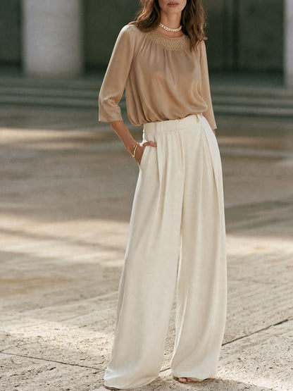 Women's Elegant Wide Leg Pleated Trousers with Satin Blouse