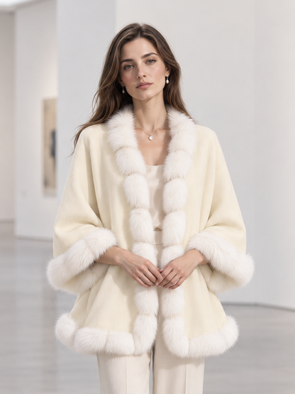 Elegant Shawl Collar Faux Fur Trim Wool Cape Coat