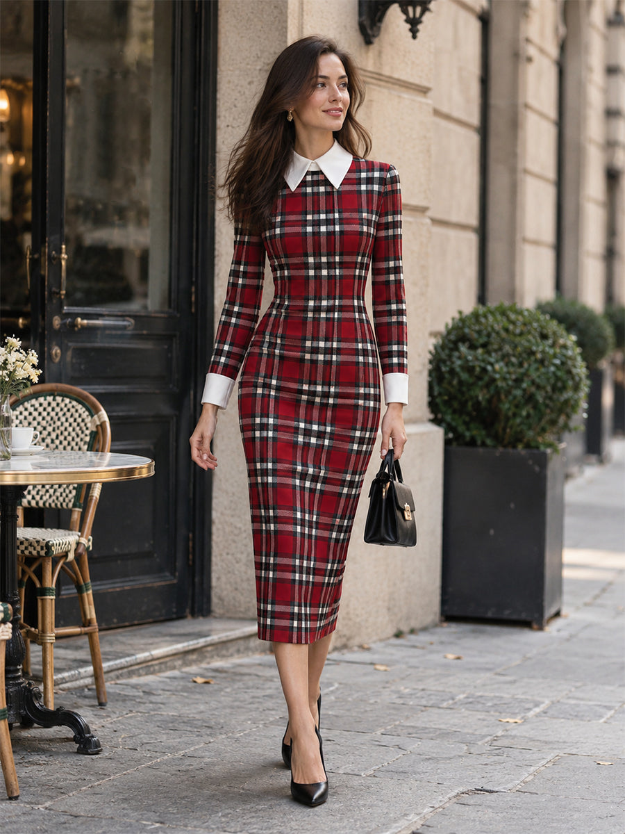 Contrast White‑Collar Tartan Plaid Long‑Sleeve Midi Pencil Dress