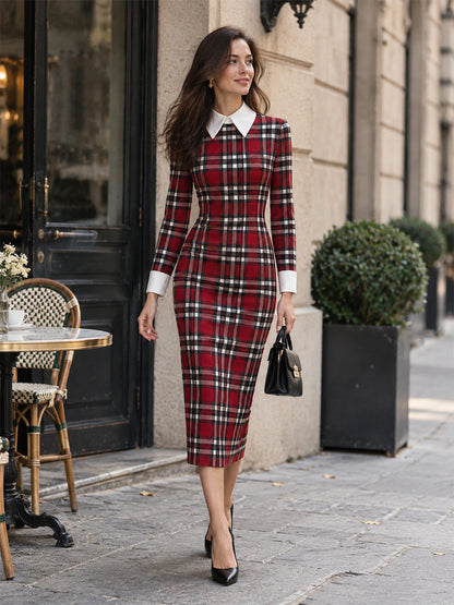Contrast White‑Collar Tartan Plaid Long‑Sleeve Midi Pencil Dress