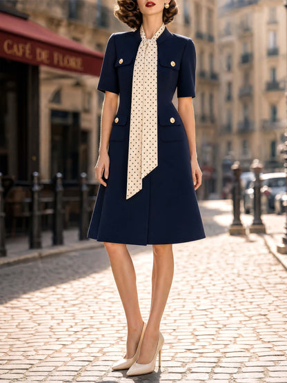 Vintage Tie Neck A-line Midi Dress