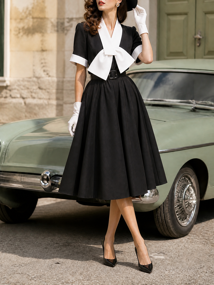 1950s Vintage Black Bow-Neck Belted Midi Dress