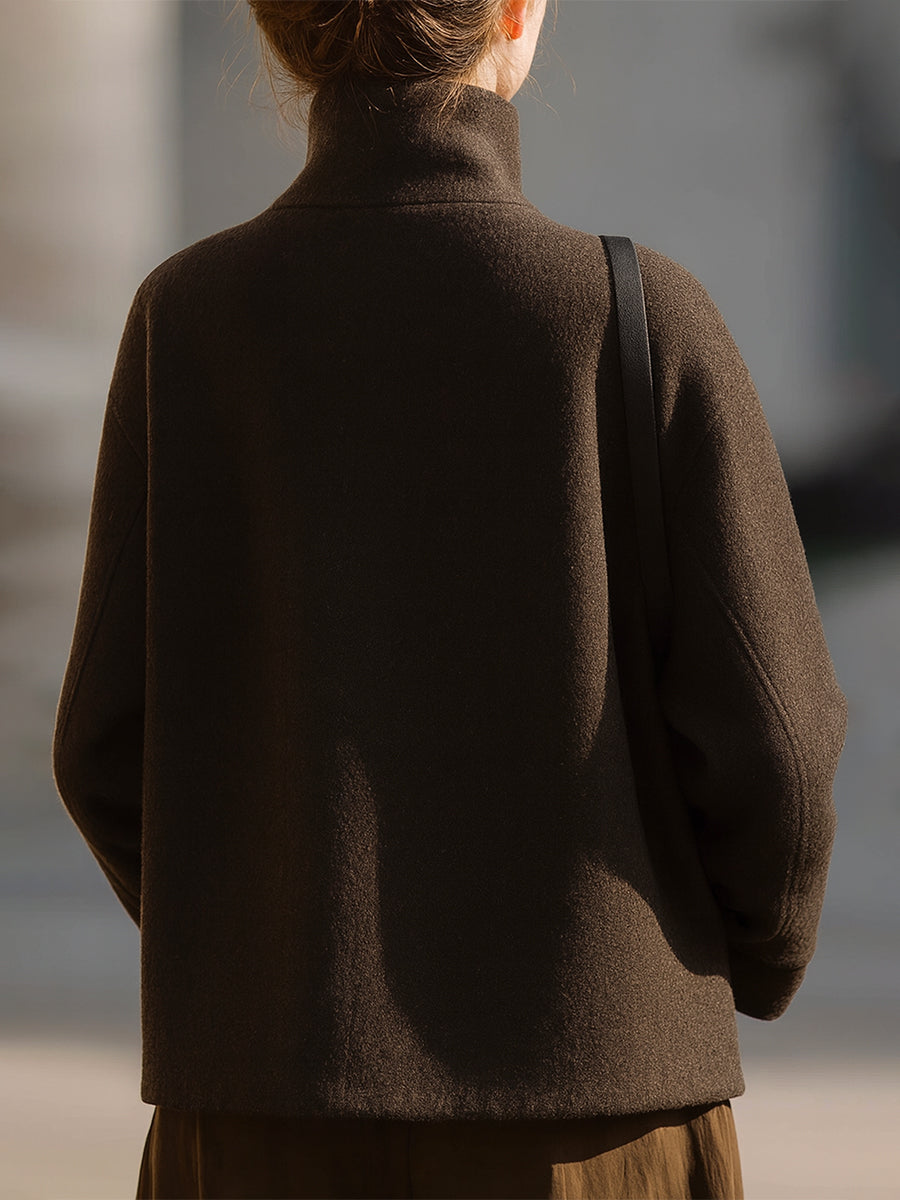 Minimalist Brown Wool Stand-Collar Jacket