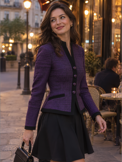 Purple Tweed Black Trim Mandarin Collar Fitted Jacket