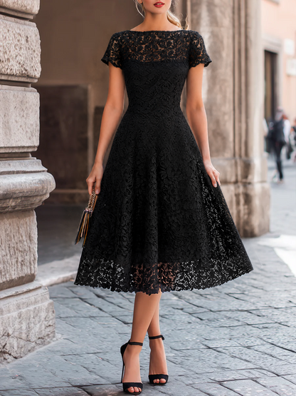 Elegant Floral Lace Boat Neck A-Line Midi Dress