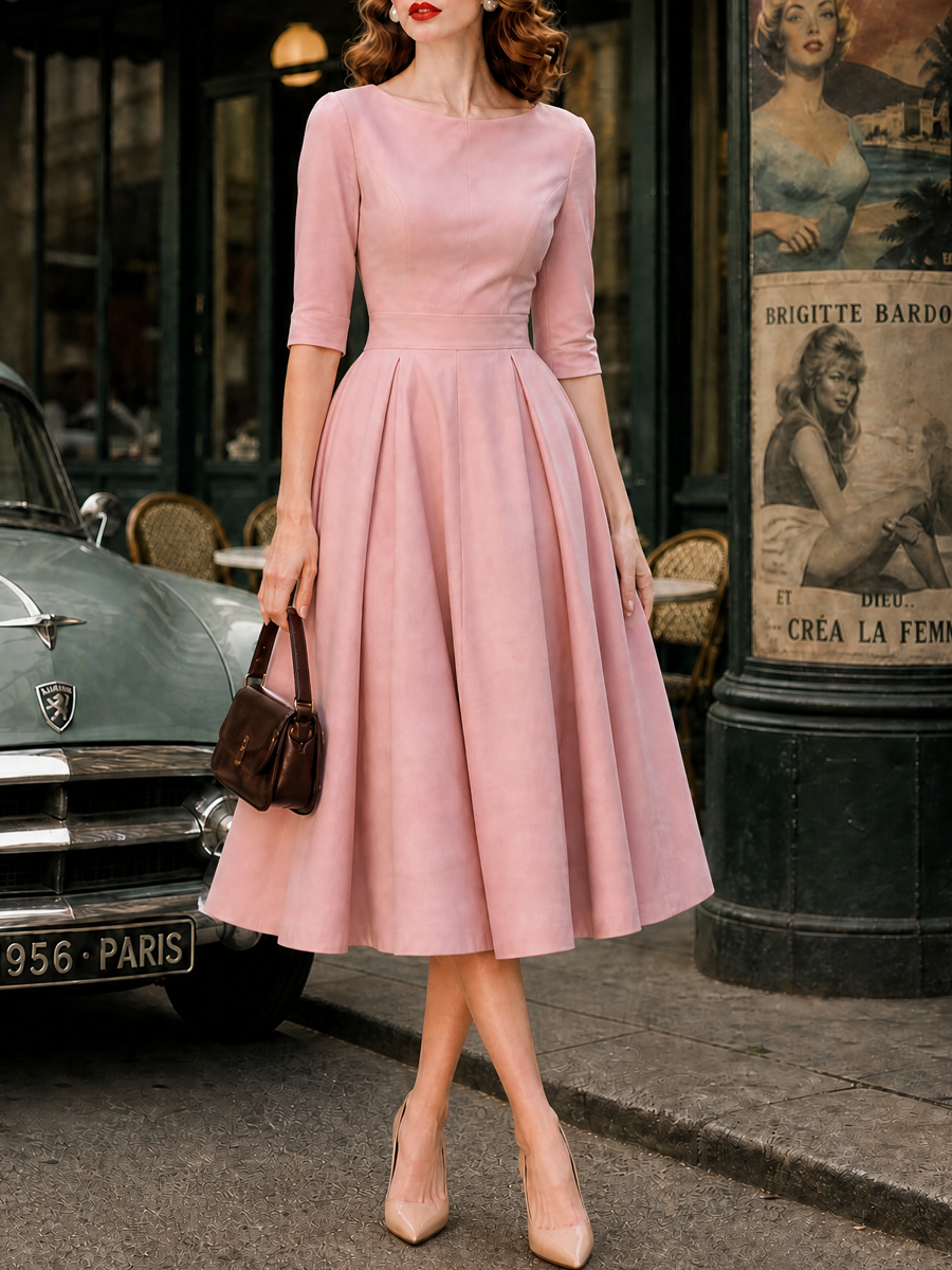 1950s Retro Audrey-Style Pink Swing Midi Dress