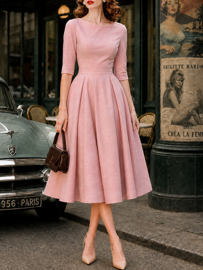 1950s Retro Audrey-Style Pink Swing Midi Dress
