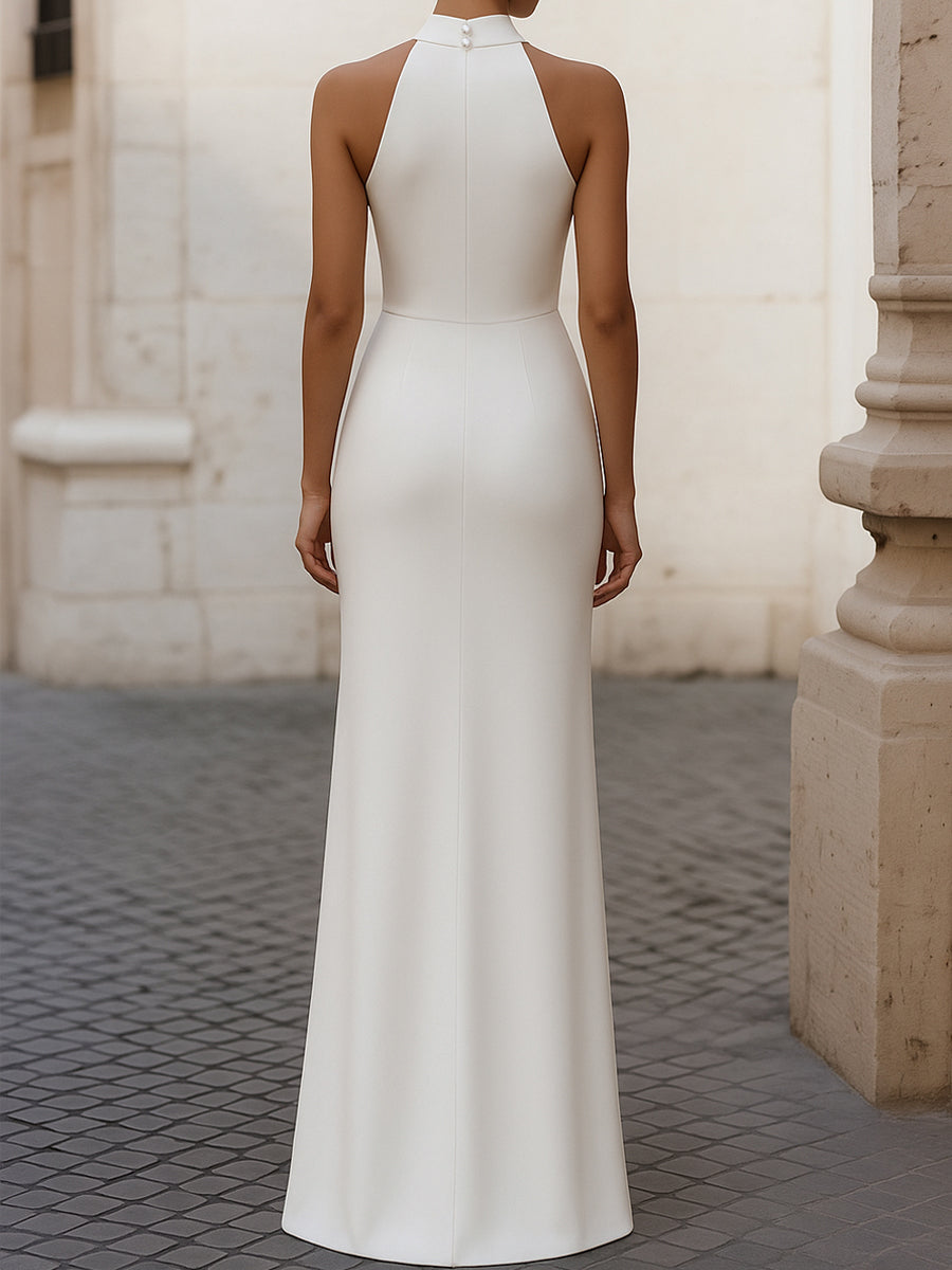 Elegant Satin Pleated Halter-Neck Evening Gown