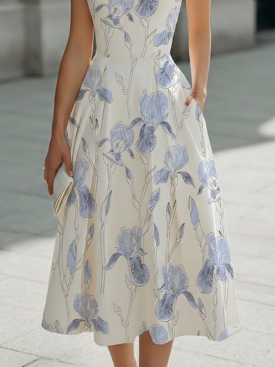 Sleeveless Botanical Print Fit-and-Flare Midi Dress