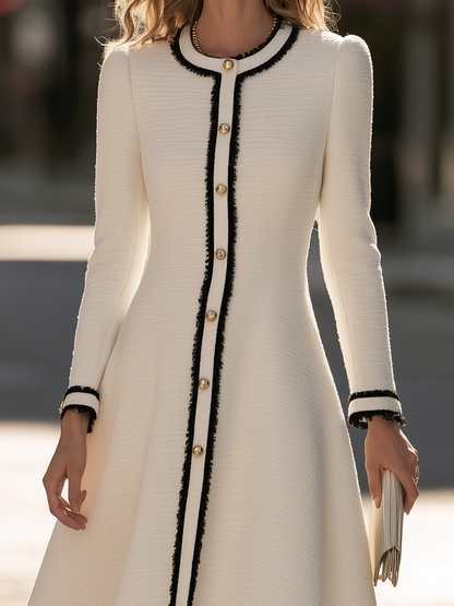 Round-Neck Contrast Trim Tweed Fit-and-Flare Midi Dress