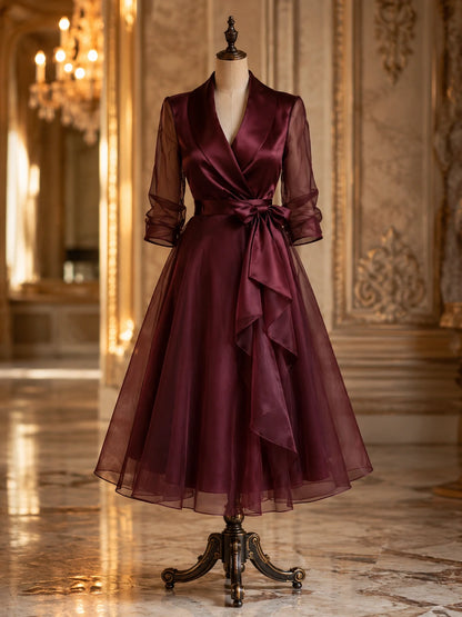 Burgundy Wrap Midi Dress for Wedding Guest – Sheer Sleeve Formal Dress