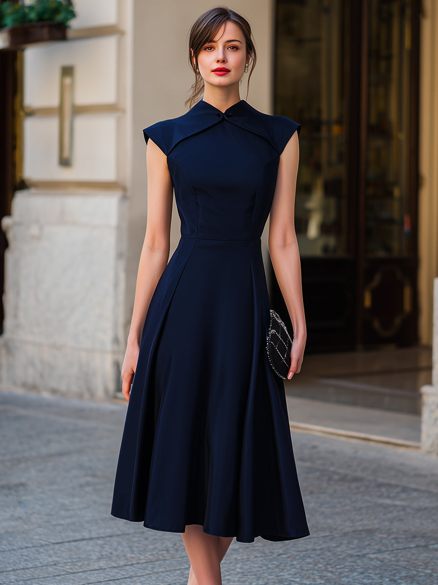 Structured Cap-Sleeve A-Line Midi Dress