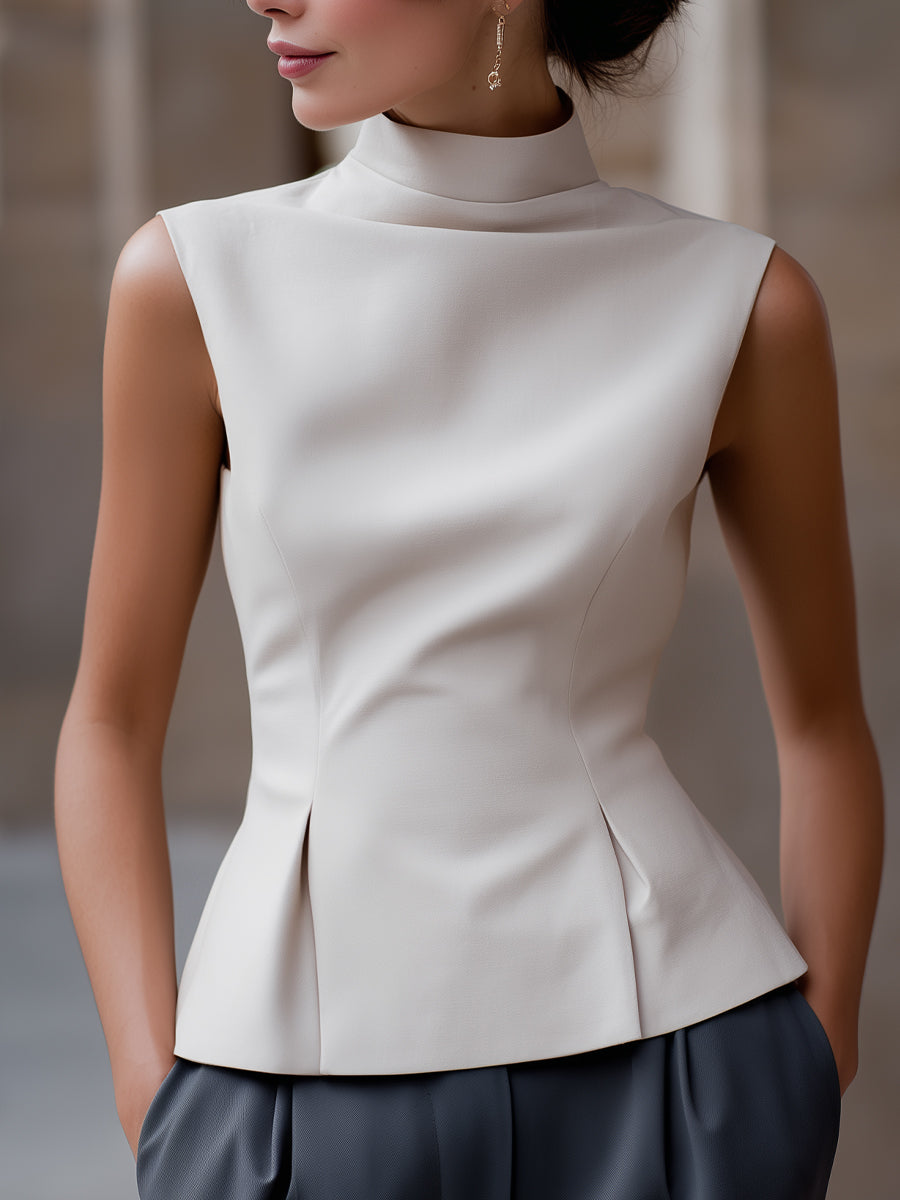 Sleeveless High-Neck Flared Hem Tailored Blouse